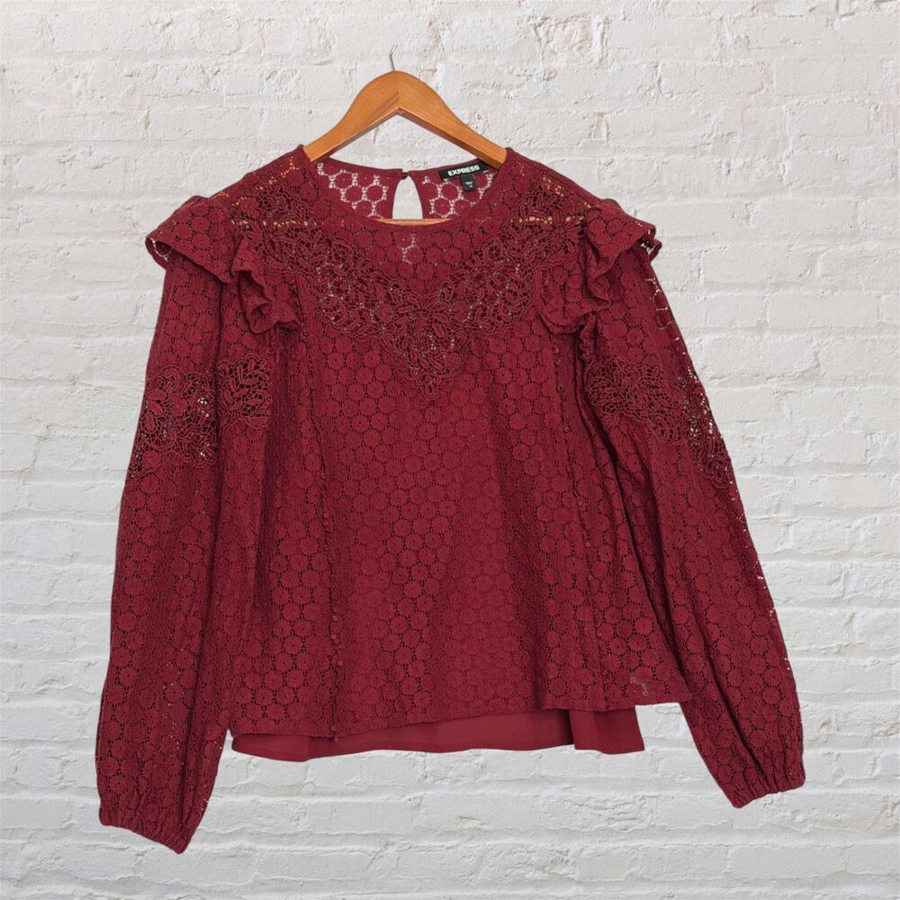Express Burgundy Lace Top Medium‎ Romantic Long Sleeve Ruffle Blouse